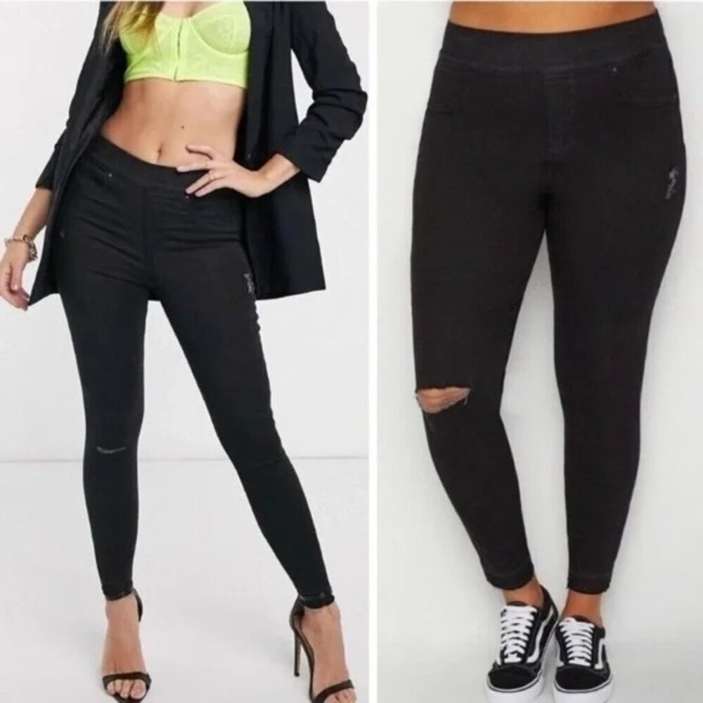 SPANX High Rise Black Distressed Raw Hem Crop Stretch Pull On Skinny‎ Jean L